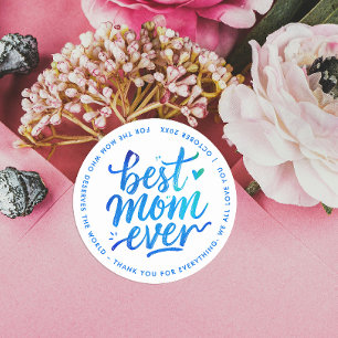 Beste moeder ooit modern blauw wit penseel schrift ronde sticker