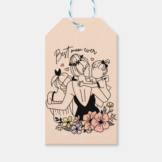 Beste moeder ooit moeder, kinderen en bloemen op m cadeaulabel (Voorkant)