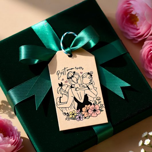 Beste moeder ooit moeder, kinderen en bloemen op m cadeaulabel