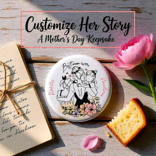 Beste moeder ooit moeder, kinderen en bloemen op m ronde button 3,2 cm