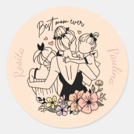 Beste moeder ooit moeder, kinderen en bloemen op m ronde sticker