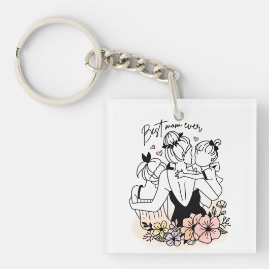 Beste moeder ooit moeder, kinderen en bloemen sleutelhanger (voorkant)