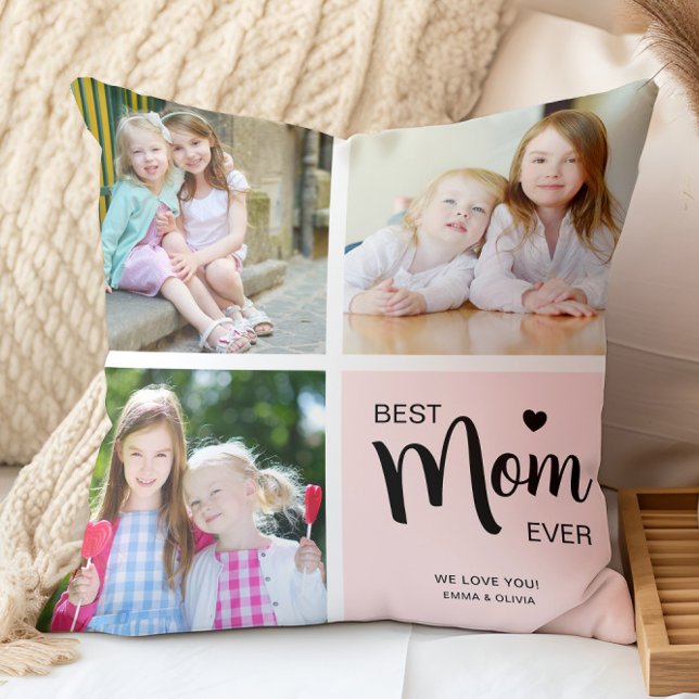 Beste moeder ooit Moederdag Blush Pink Fotocollage Kussen (Best Mom Ever Mothers Day Blush Pink Photo Collage Throw Pillow)