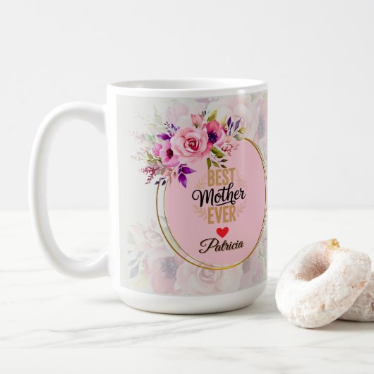 Beste moeder ooit - Roze bloemenaangepaste naam Koffiemok (Met donut)