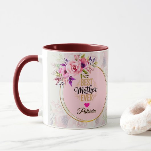 Beste moeder ooit - Roze bloemenaangepaste naam Mok (Met donut)