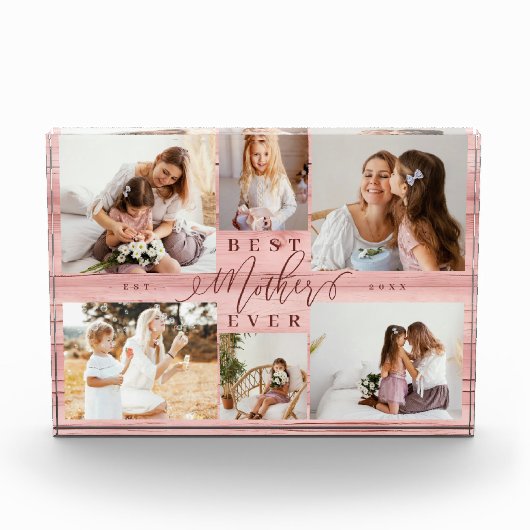 Beste Moeder Ooit Roze Houtkorrel Collage Keepsake Fotoblokken (Voorkant)