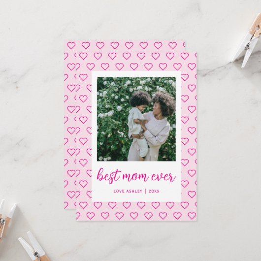 Beste moeder ooit Schattige Pink Hearts Foto Moede Kaart (Voorkant / Achterkant in situ)