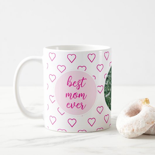 Beste moeder ooit Schattige Pink Hearts Foto Moede Koffiemok (Met donut)