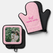 Beste moeder ooit Schattige roze hartpatroon foto  Ovenwant & Pannenlap Set (Voorkant / Achterkant)
