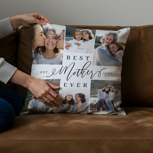 Beste moeder ooit script fotocollage Keepsake Kussen (Best Mother Ever Script Photo Collage Keepsake Throw Pillow)