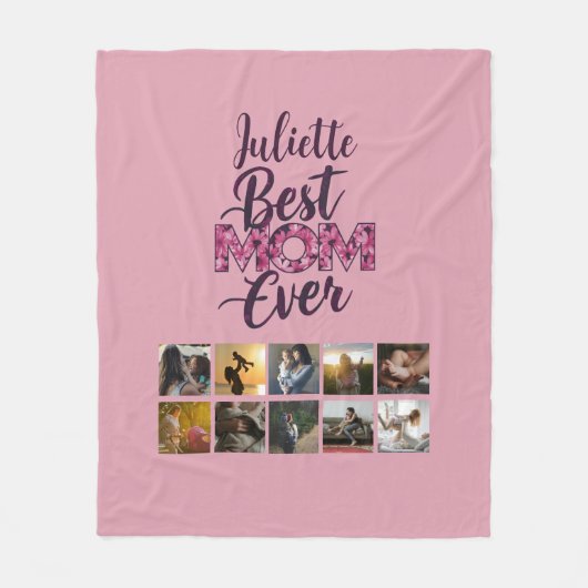 Beste Moeder Ooit Script Roze Bloem Foto Collage Fleece Deken (Voorkant)
