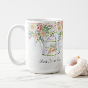 Beste moeder ooit theepot roze blauw in witte bloe koffiemok