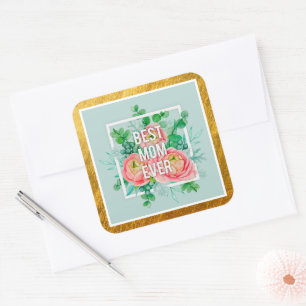 Beste Moeder Ooit Waterverf Bloem Groen & Goud Vierkante Sticker