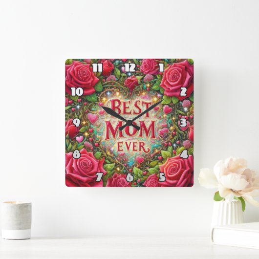 Beste moeder: Rozen, harten, gouden gloed Vierkante Klok (Huis)