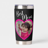 Beste Moeder Script Roze Hart Foto Zwart Geïsoleerde Drinkbeker (Voorkant)