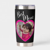 Beste Moeder Script Roze Hart Foto Zwart Geïsoleerde Drinkbeker (Achterkant)