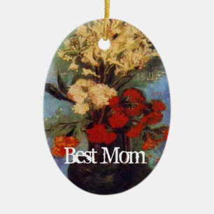 Beste moeder, vaas met anjers en andere bloemen keramisch ornament