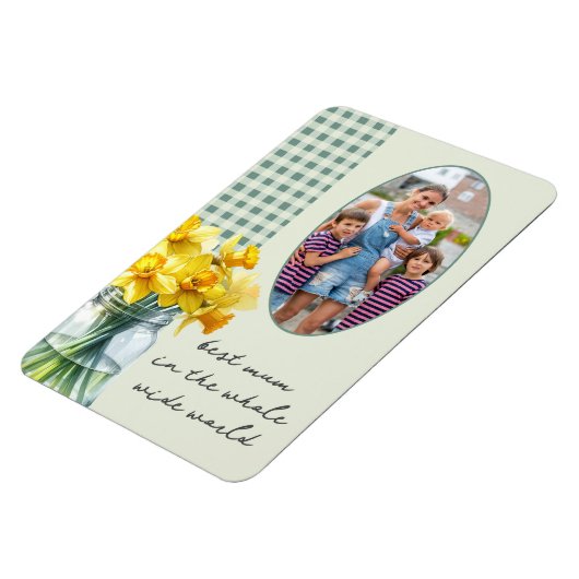 Beste Mum Foto Groene Gingham en Daffodils in Jar Magneet (Linkerzijde)