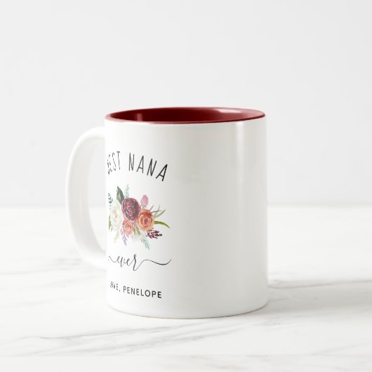 Beste Nana Ever | Trendy Burgundy Boho Floral Tweekleurige Koffiemok (Voorkant links)