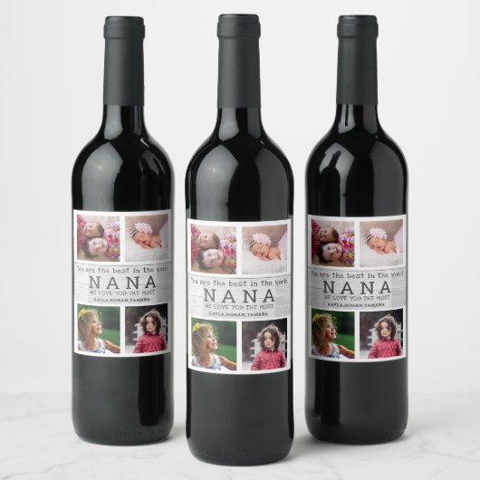 Beste Nana Moederdag 4 Fotocollage grijs hout Wijn Etiket (Flessen)