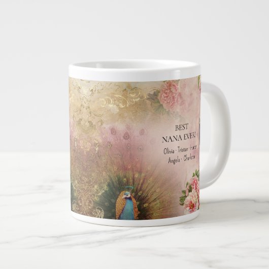 Beste Nana Roze Bloemen Peacock Kinderen Moederdag Grote Koffiekop (Voorkant rechts)