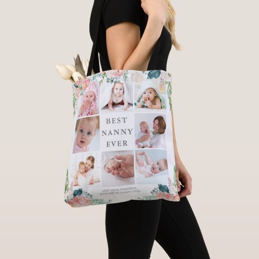 BESTE NANNY OOIT 8 Fotocollage Floral Custom Text Tote Bag (Dichtbij)