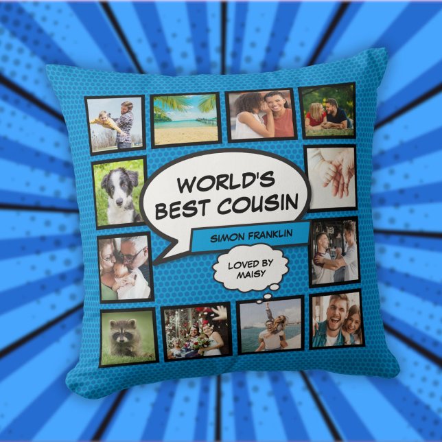 Beste neef van de wereld 12 foto collage Blauwe Fu Kussen (World's Best Cousin 12 Photo Collage Blue Fun Throw Pillow)