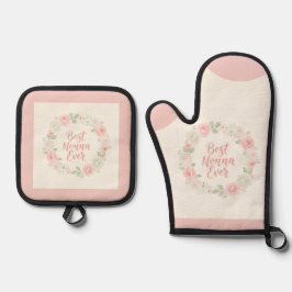 Beste Nonna Ooit Roze & Groene Bloemenkrans Ovenwant & Pannenlap Set