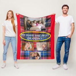 Beste oma in ruit 4 familiefoto's rode rand fleece deken