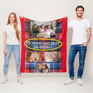 Beste oma in ruit 4 familiefoto's rode rand fleece deken