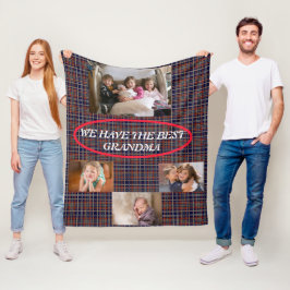Beste oma in Schotse ruit 4 foto's Witte lettertyp Fleece Deken