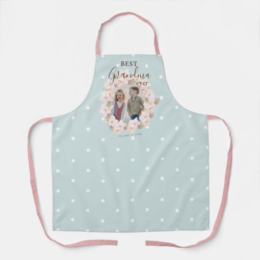 Beste Oma Ooit Foto Roze Bloemenkrans Blauw Schort (Voorkant)
