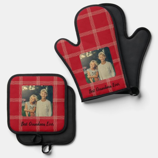 Beste oma ooit Red Gingham Custom Photo Ovenwant & Pannenlap Set (Voorkant / Achterkant)