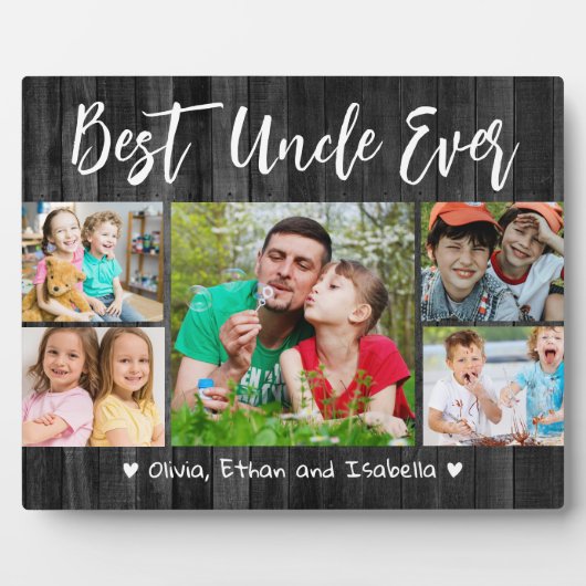 Beste Oom Ooit 5 Fotocollage Rustiek Zwart Hout Fotoplaat (Voorkant)