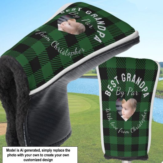 Beste opa aangepaste kinderfoto groene buffelplaid golfheadcover