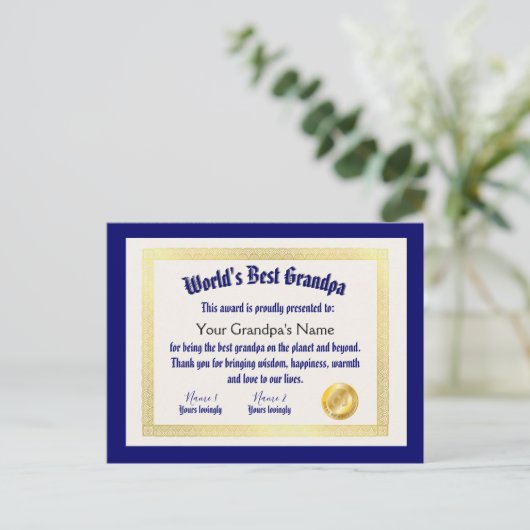 Beste Opa Certificaat van Moderne Grappige Wereld Briefkaart (Staand voorkant)