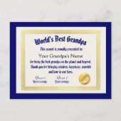 Beste Opa Certificaat van Moderne Grappige Wereld Briefkaart (Voorkant)