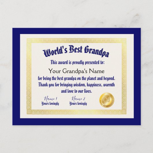 Beste Opa Certificaat van Moderne Grappige Wereld Briefkaart (Voorkant)