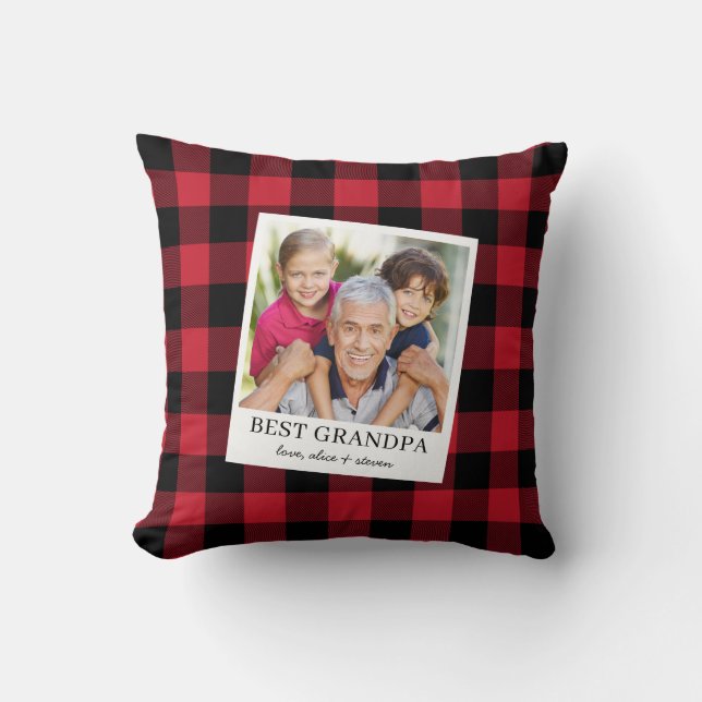 Beste opa zwart en rood geruit foto kussen (Voorkant)