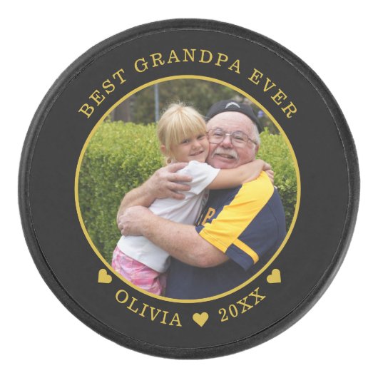 Beste opa, zwarte en gouden foto ooit hockey puck (Voorkant)