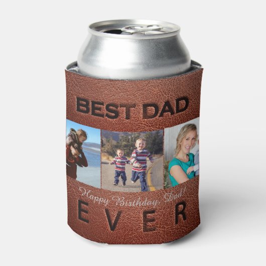 Beste pap Ever bruin leder 3 fotocollage Blikjeskoeler (Blikje Voorkant)