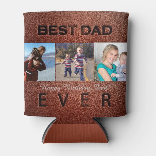 Beste pap Ever bruin leder 3 fotocollage Blikjeskoeler (Voorkant)
