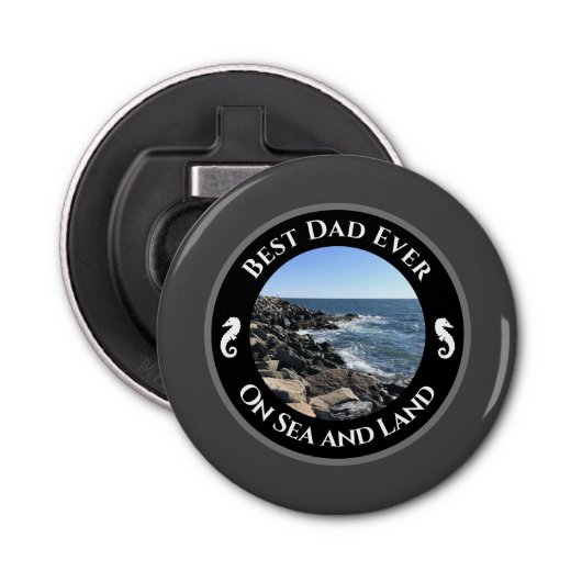 Beste pap ooit blauwe Atlantische Oceaan Rocky Sea Button Flesopener (Voorkant)