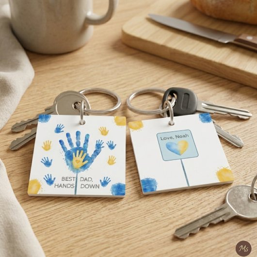 Beste papa hands down blauw geel aquarel sleutelhanger