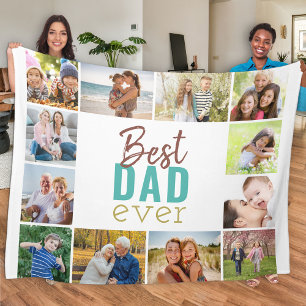 Beste Papa Ooit 12 Foto Collage Turquoise Wit Fleece Deken