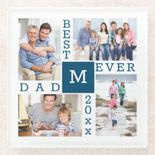 Beste papa ooit 4 foto collage blauw wit monogram glazen onderzetter