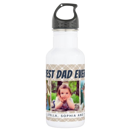 Beste papa ooit | Drie foto's Tan Plaid Waterfles (Voorkant)