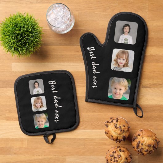 Beste papa ooit fotocollage zwart ovenwant & pannenlap set (Top down)