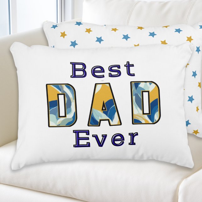 Beste Papa Ooit Moderne Tekst Vaderdag Accent Kussen (An eye-catching accent pillow with 'Best Dad Ever' in blue and yellow text, and stars on the back)