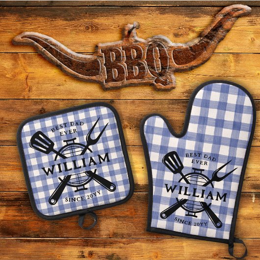 Beste papa ooit Vaderdag BBQ Grill Blue Gingham Ovenwant & Pannenlap Set